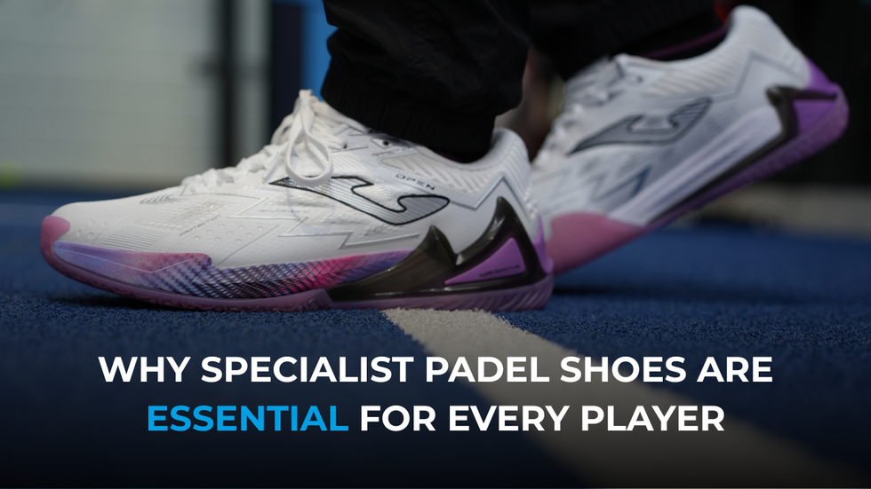 Person tying the laces of a white and orange padel shoe on a blue padel court, with another pair of padel shoes placed beside them.