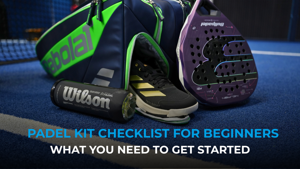 Man taking a padel racket out of Babolat bag with 'Padel kit for beginners' text