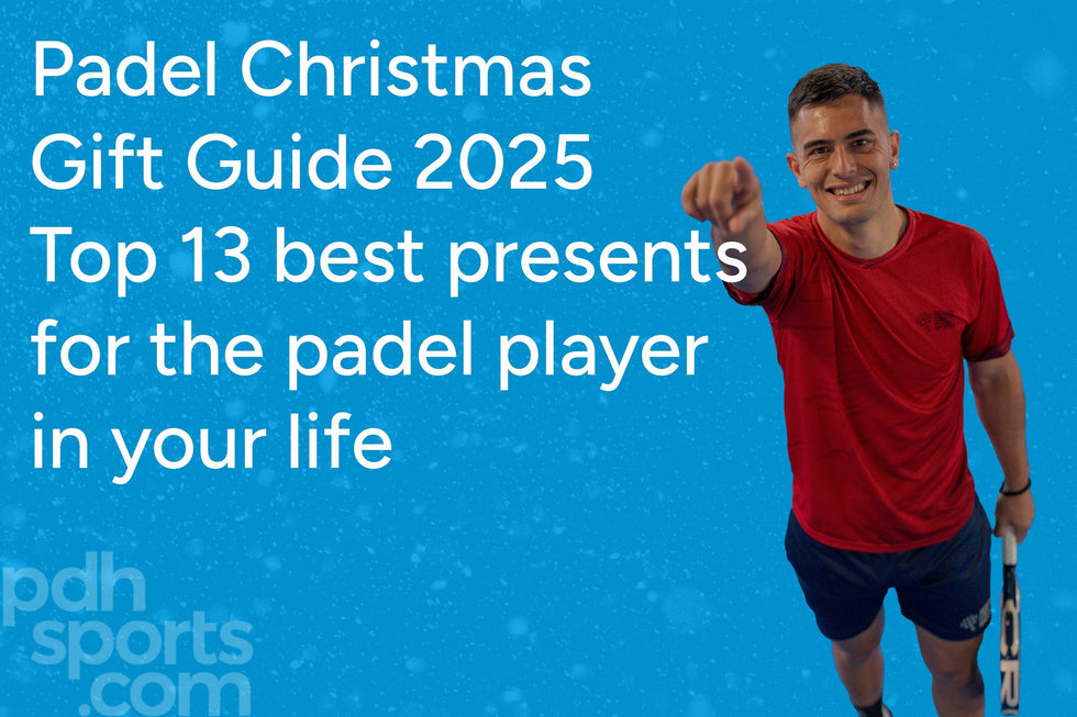 Padel Christmas Gift Guide text on blue background with image of Maxi Ares (Padel Player) pointing