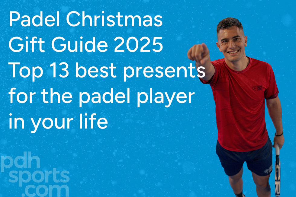 Padel Christmas Gift Guide text on blue background with image of Maxi Ares (Padel Player) pointing