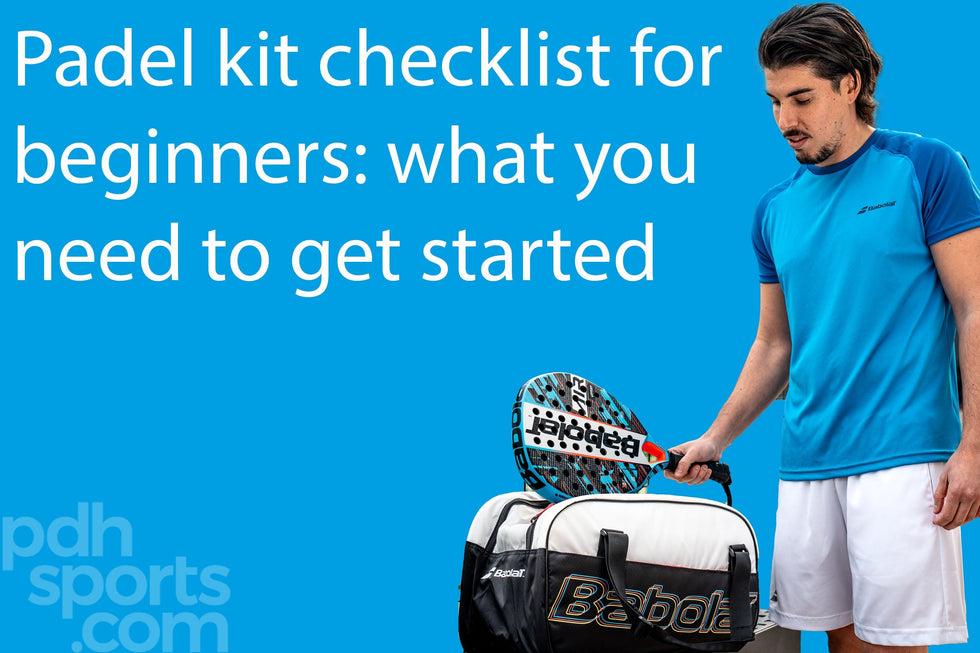 Man taking a padel racket out of Babolat bag with 'Padel kit for beginners' text