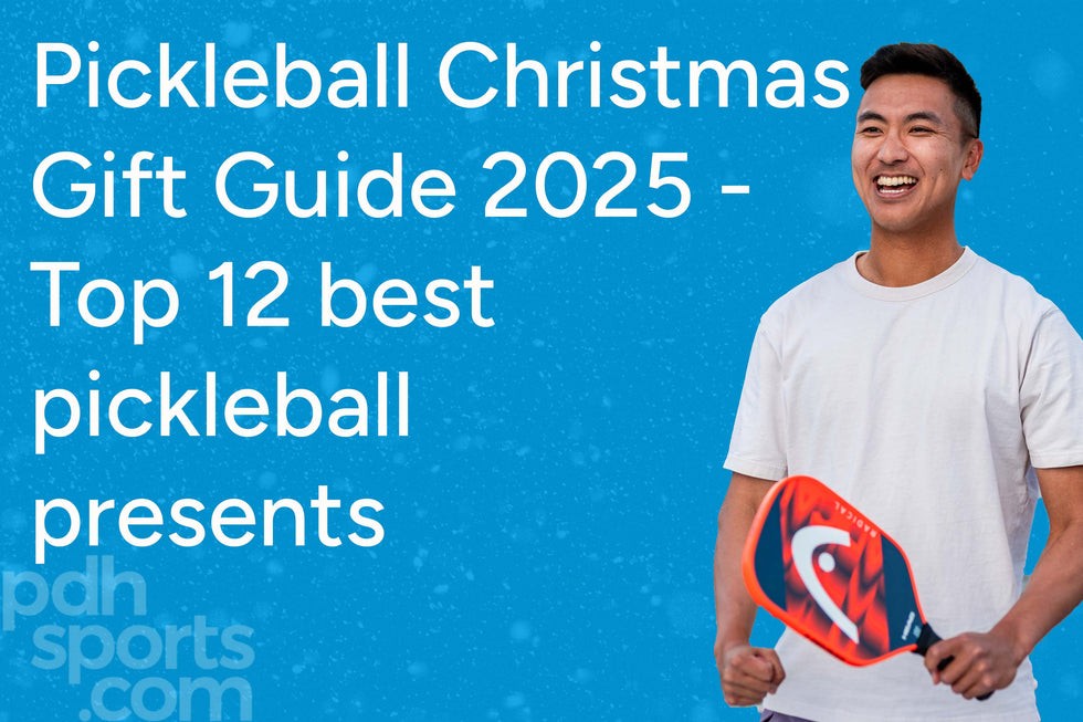 Squash Christmas Gift Guide text on blue background with image of Tinne Gilles with racket and bag