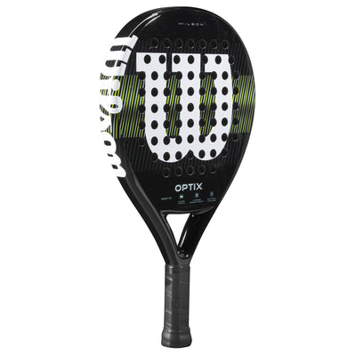 Black Wilson tennis racket with white and yellow pattern on a white background