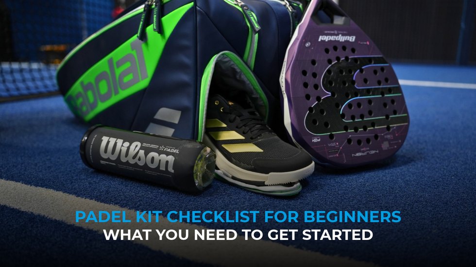Man taking a padel racket out of Babolat bag with 'Padel kit for beginners' text