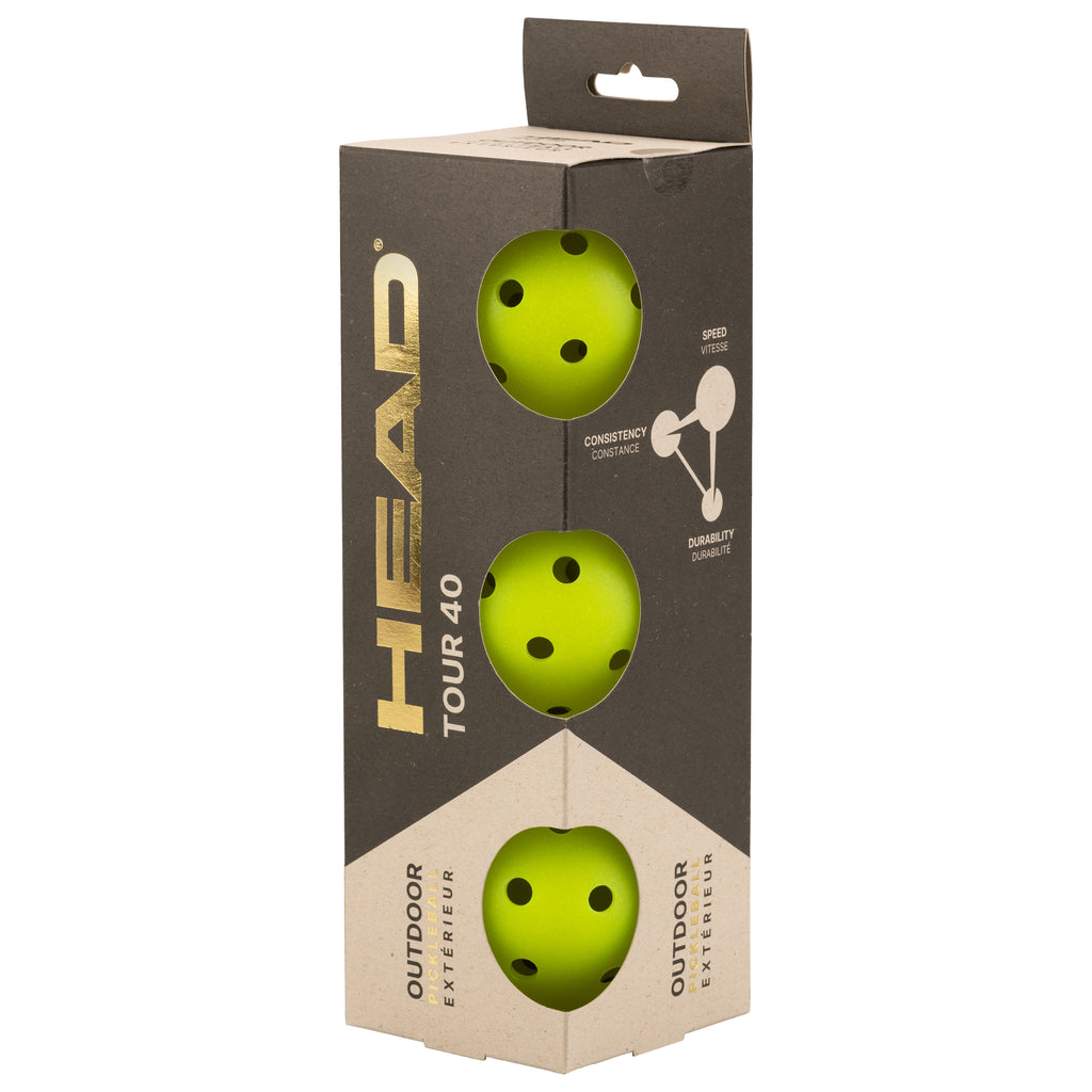 HEAD Tour 40 Outdoor Pickleball Ball - 3 Pack Yellow