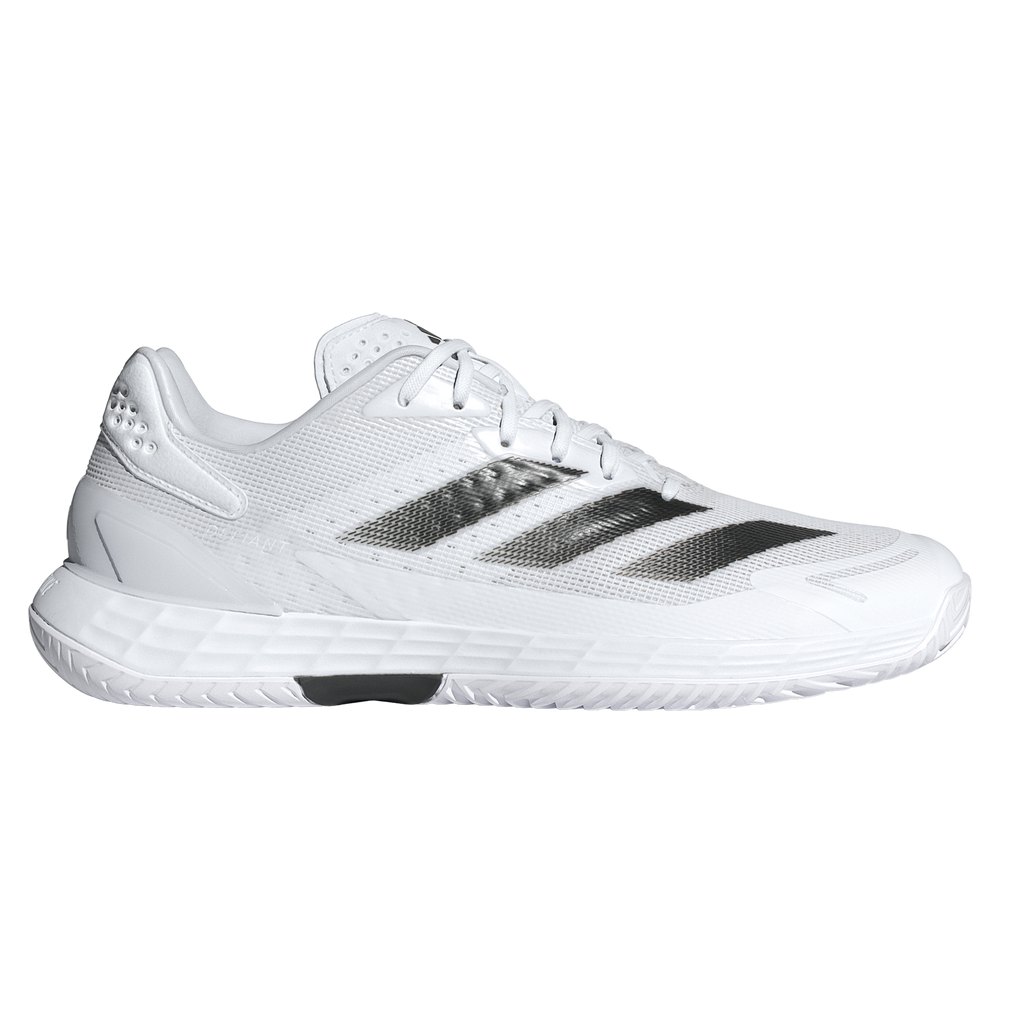 White adidas tennis shoe with black stripes on a white background