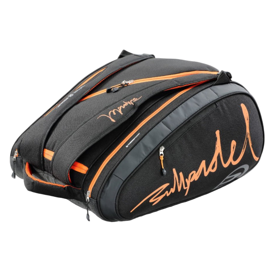 Black and orange sports bag with branding on a white background