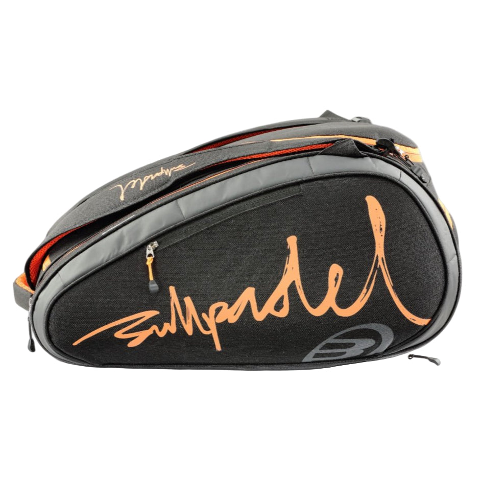 Black padel racket bag with orange and red accents on a white background