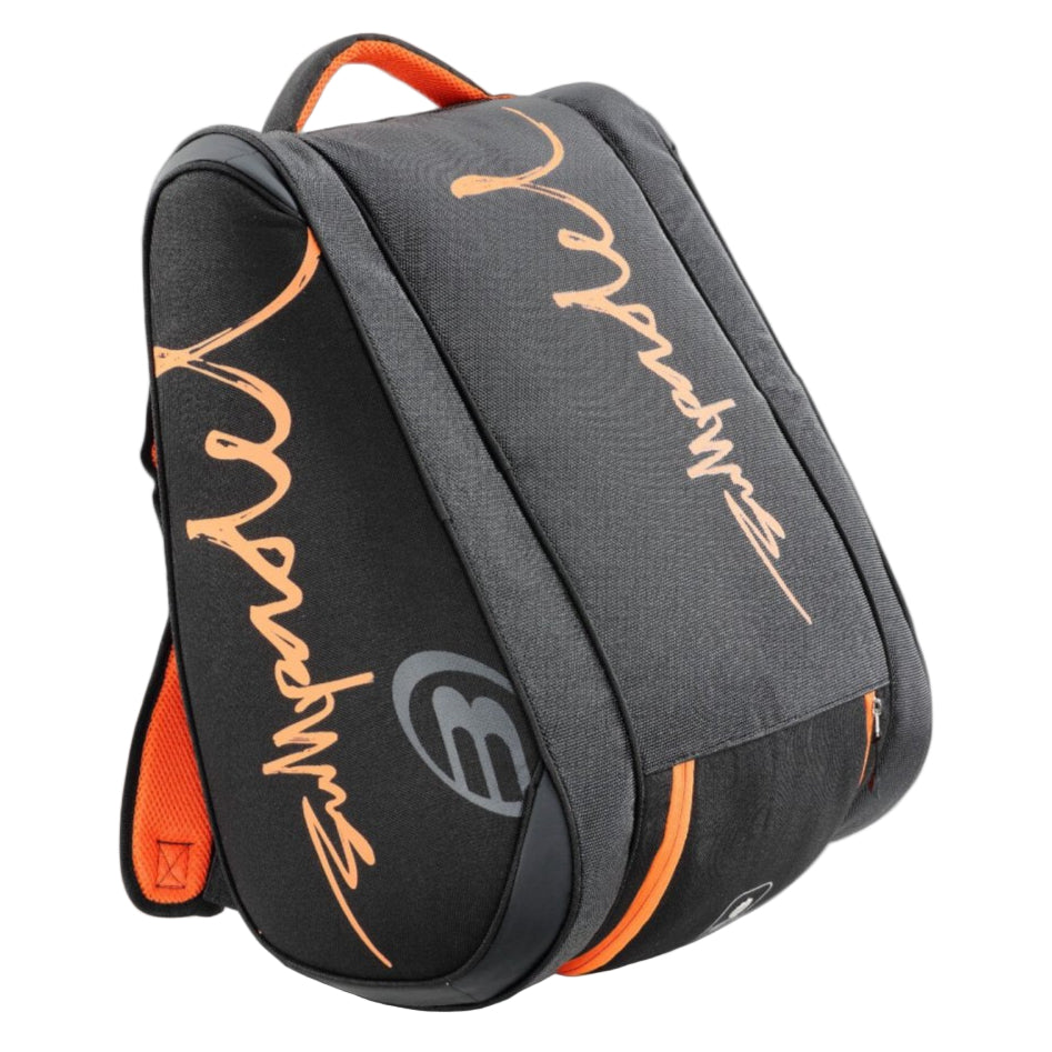 Black and orange sports bag with branding on a white background