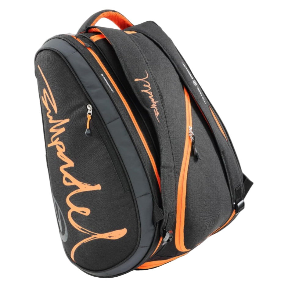 Black and orange padel bag with branding on a white background