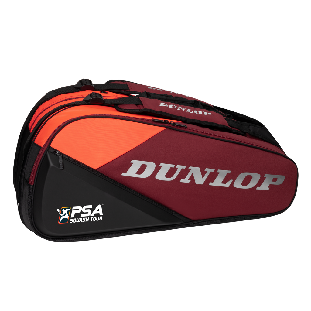 Red and black Dunlop tennis bag on a white background
