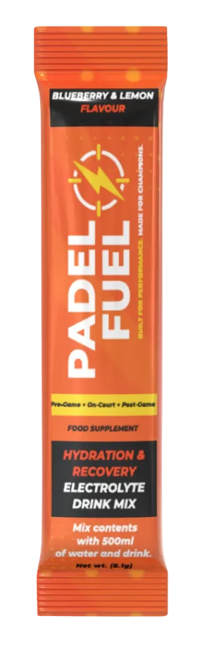 Orange Padel Fuel drink mix packet on a white background