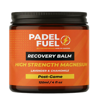 Padel Fuel recovery balm jar with orange label on a white background