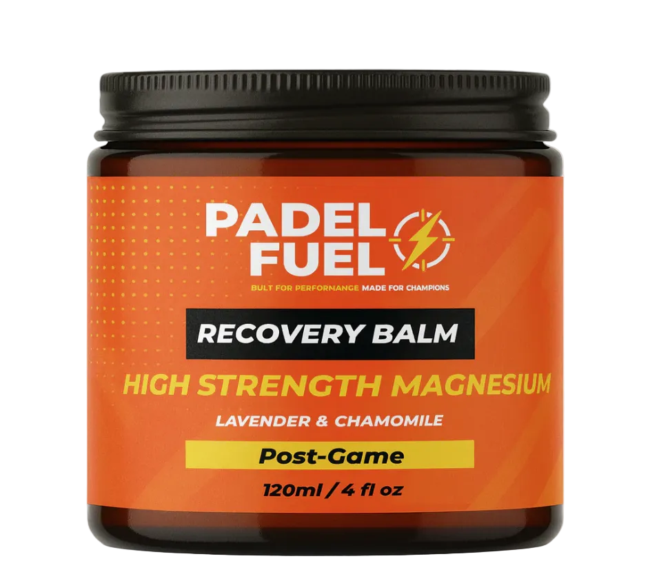 Padel Fuel recovery balm jar with orange label on a white background